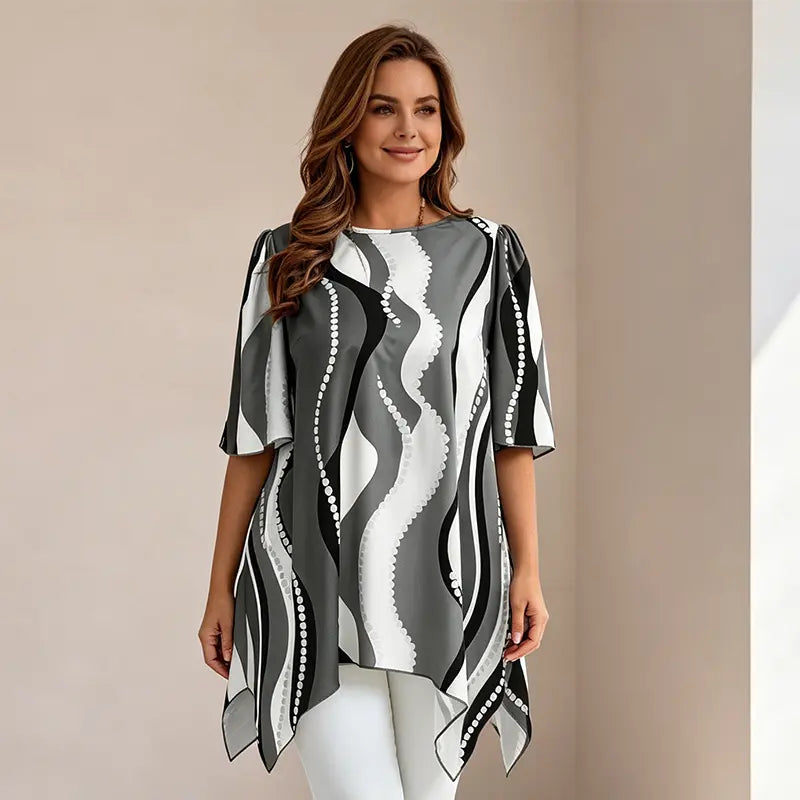 🏆50% reducere🔥 Tricou cu guler rotund și tiv asimetric imprimat – Material moale, respirabil și confortabil.