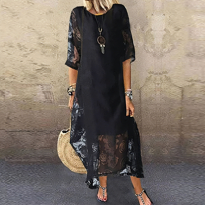 💃50% reducere🔥Rochie lungă din dantelă, cu mâneci scurte și decolteu rotund, de zi cu zi