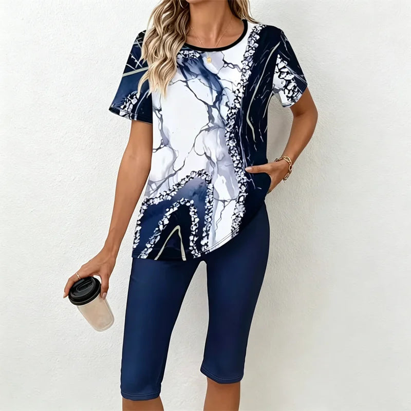 🎁【Tricou + pantaloni】Set casual din două piese pentru femei cu imprimeu marmorat, confecționat dintr-un material moale, respirabil și elastic