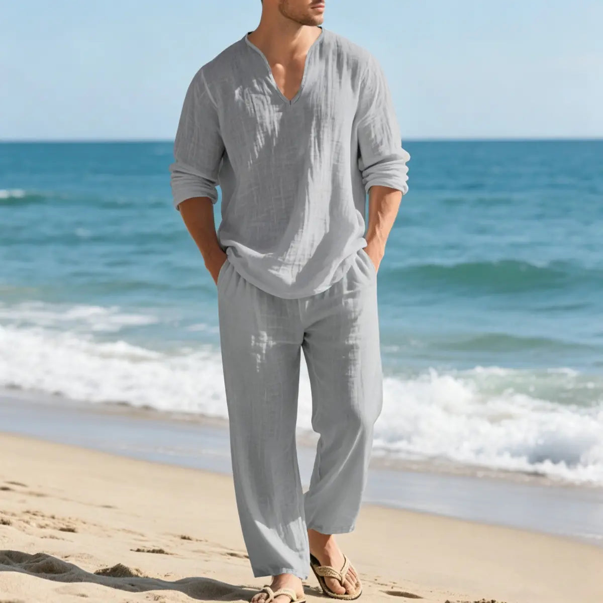 🌴🔥【Top + Pantaloni】Costum bărbătesc casual din in, cu croială lejeră și decolteu în V, potrivit pentru plajă.