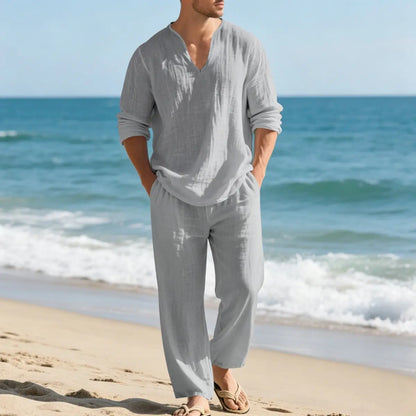 🌴🔥【Top + Pantaloni】Costum bărbătesc casual din in, cu croială lejeră și decolteu în V, potrivit pentru plajă.