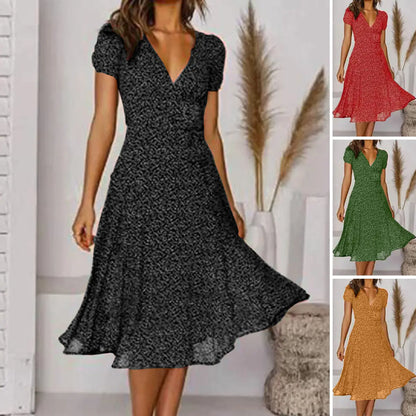 🌈👗 Reducere 50%🔥【40-100kg】Rochie cu mânecă scurtă, decolteu în V și model floral cu buline, mărimi mari