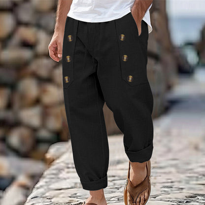 👖【40-100kg】Pantaloni lungi casual hawaieni pentru bărbați, cu mulți nasturi, confecționați din bumbac și in