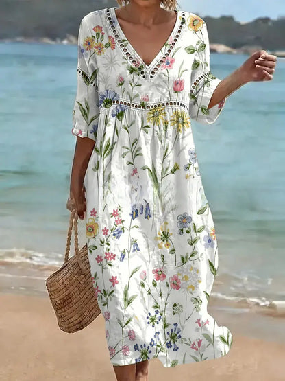 ✨Rochie lungă din bumbac și in cu imprimeu floral, stil estival, decolteu în V, talie definită.