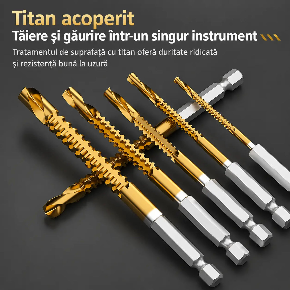 🛠️🔧【6 bucăți】Burghie elicoidale din oțel rapid cu acoperire din titan 2 în 1 – Coada hexagonală, potrivite pentru găurirea și canelarea lemnului și metalului🔩