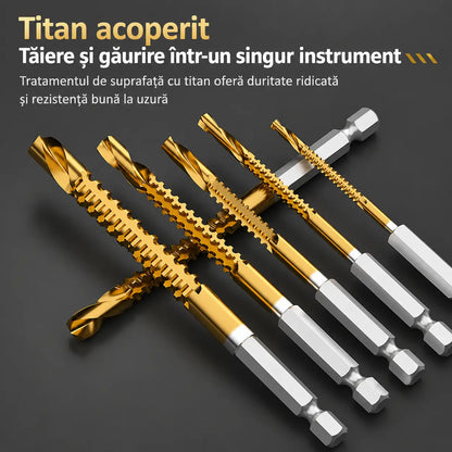 🛠️🔧【6 bucăți】Burghie elicoidale din oțel rapid cu acoperire din titan 2 în 1 – Coada hexagonală, potrivite pentru găurirea și canelarea lemnului și metalului🔩