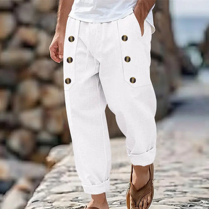 👖【40-100kg】Pantaloni lungi casual hawaieni pentru bărbați, cu mulți nasturi, confecționați din bumbac și in