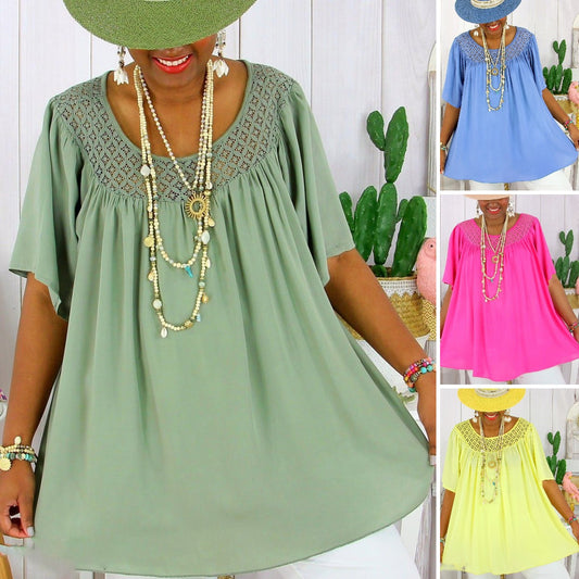 💐💐【XL-8XL】👚Imbracaminte pentru femei de vara noua de culoare uni din dantela larga plus marime-3927515