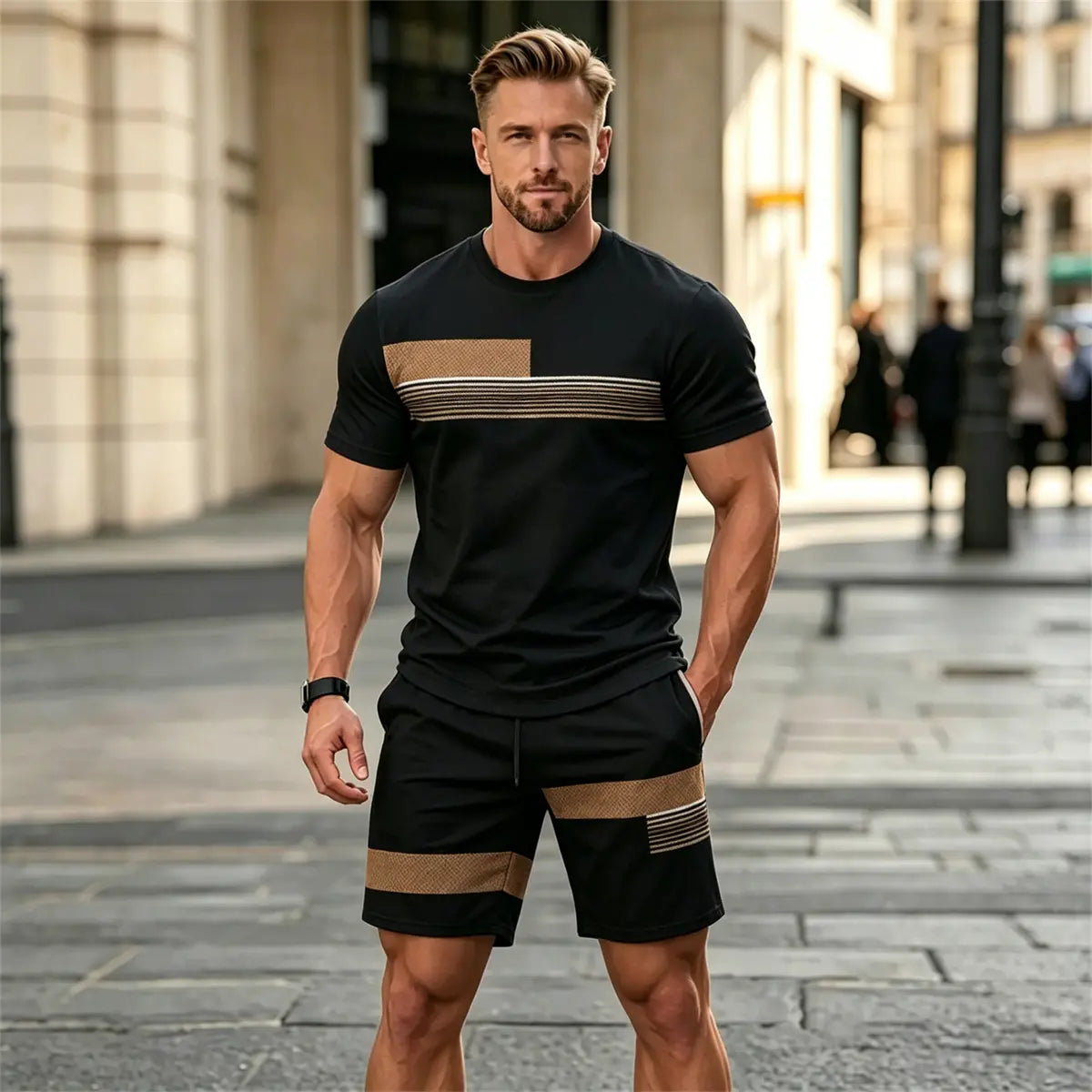 ✨Set sport bărbătesc din două piese, ideal pentru vară: tricou confortabil cu mânecă scurtă și pantaloni scurți.