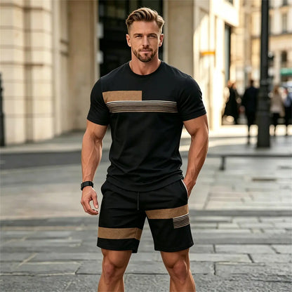 ✨Set sport bărbătesc din două piese, ideal pentru vară: tricou confortabil cu mânecă scurtă și pantaloni scurți.