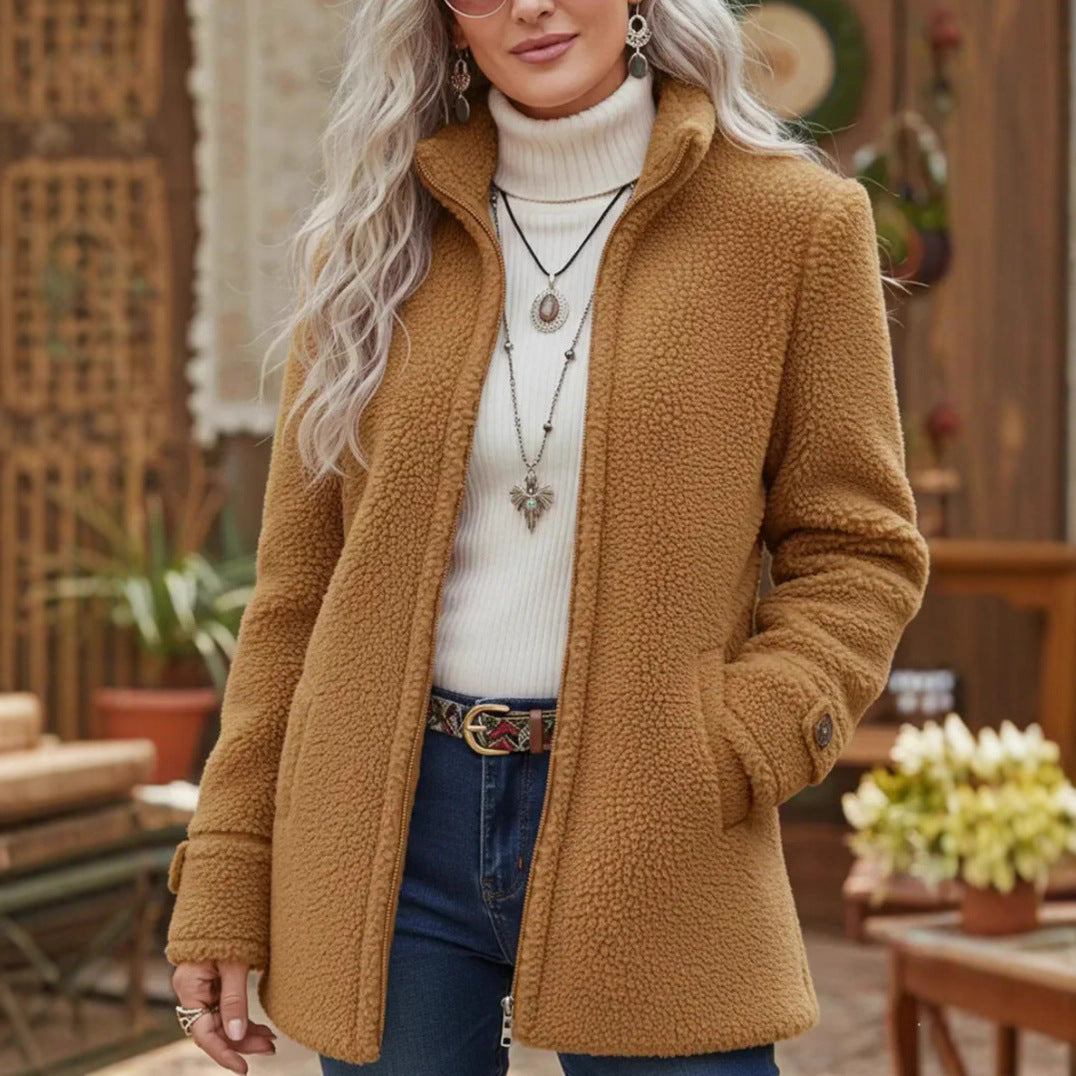 Palton lejer de damă din lână, cu fermoar și căptușeală din fleece, mărimi S–3XL