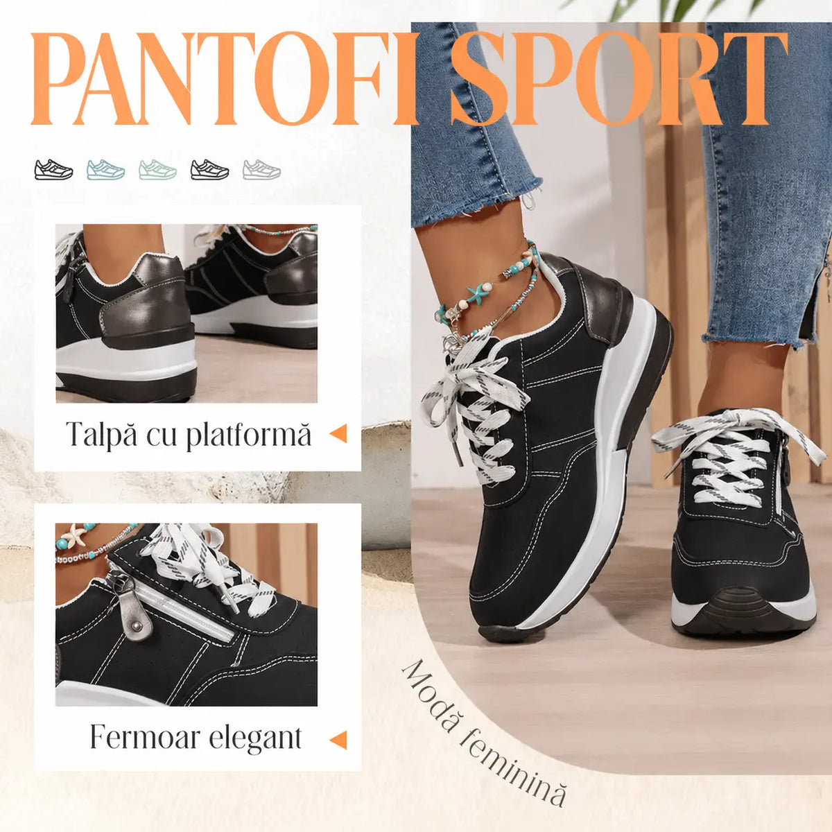 🔥Bestseller 【Reducere de 50%】Pantofi ortopedici moderni și confortabili pentru femei, cu fermoar lateral și talpă groasă