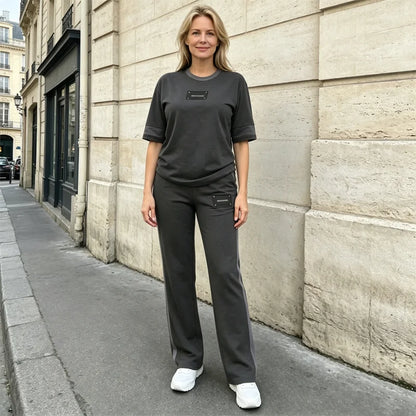 🔥🔥Trening de vară pentru femei, format din 2 piese, tricou casual cu dungi contrastante și pantaloni sport lungi, material subțire, respirabil și răcoros.