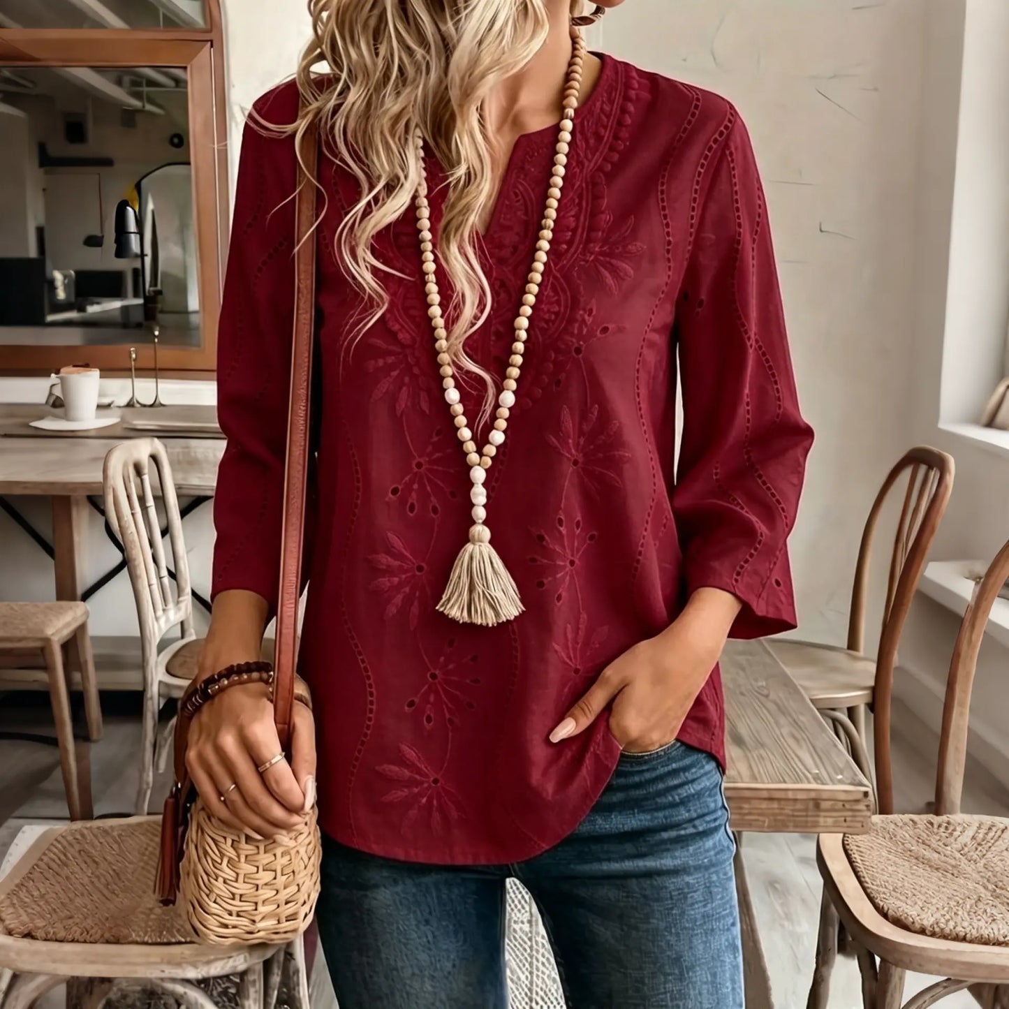 🎁 Reducere 50%! 🔥 Bluză nouă de damă, din șifon, cu croială lejeră, mâneci trei sferturi brodate, garnitură de dantelă. ✅️ Plată la livrare.
