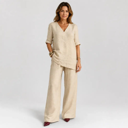 ❤️50% Reducere💥【40-100 kg】Set 2026: Top uni din bumbac și in, mânecă scurtă și decolteu în V + pantaloni casual drepți