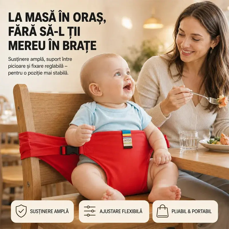 👶 Un produs indispensabil pentru hrănirea copiilor în călătorii! Centura de fixare de siguranță pentru scaunul de masă portabil pentru copii, gata de utilizare cu o singură apăsare, cu protecție împotriva căderilor! ✨🎒