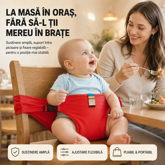 👶 Un produs indispensabil pentru hrănirea copiilor în călătorii! Centura de fixare de siguranță pentru scaunul de masă portabil pentru copii, gata de utilizare cu o singură apăsare, cu protecție împotriva căderilor! ✨🎒