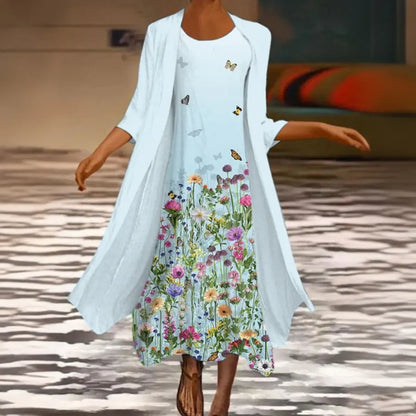 🌻 Reducere -50%🔥【40-120 kg】Rochie nouă pentru femei cu imprimeu floral, rochie din două piese și decolteu rotund
