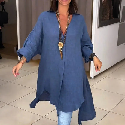 🔥Rochie cămașă casual din bumbac și in, cu crăpătură👚