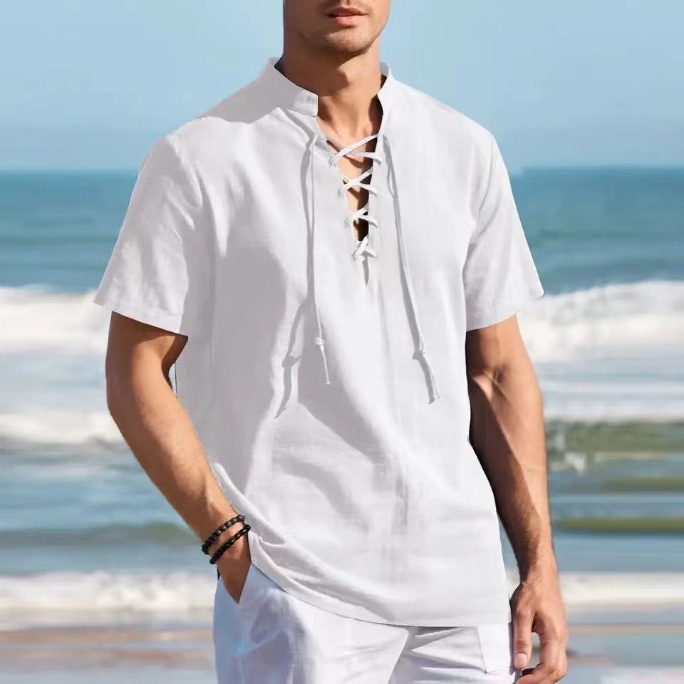 👔🔥Tricou Henley pentru bărbați, talie mare/lungă, din bumbac și in, cu decolteu în V și șireturi
