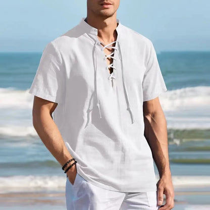 👔🔥Tricou Henley pentru bărbați, talie mare/lungă, din bumbac și in, cu decolteu în V și șireturi