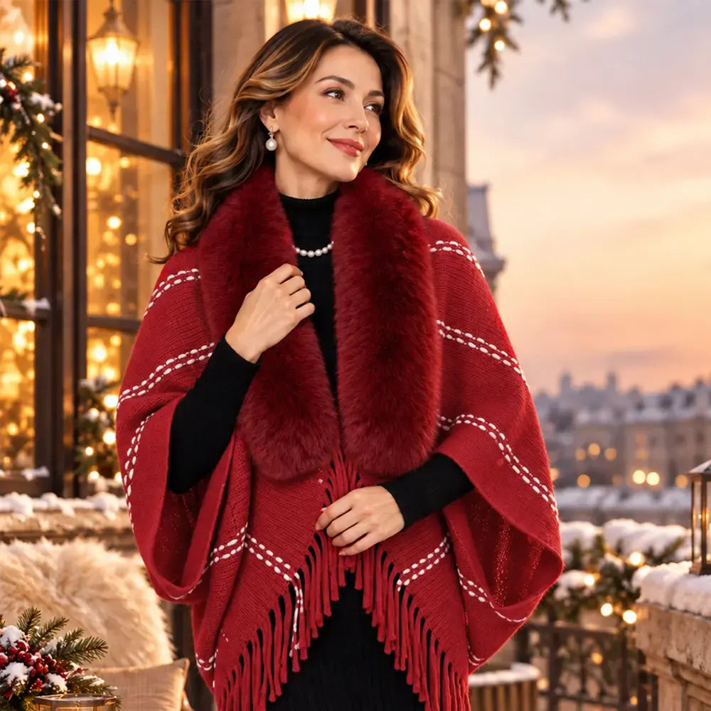 ✨ Șal Tricotat de Iarnă cu Guler Pufos și Franjuri Elegante · Poncho Cardigan Relaxat și Călduros pentru Femei!