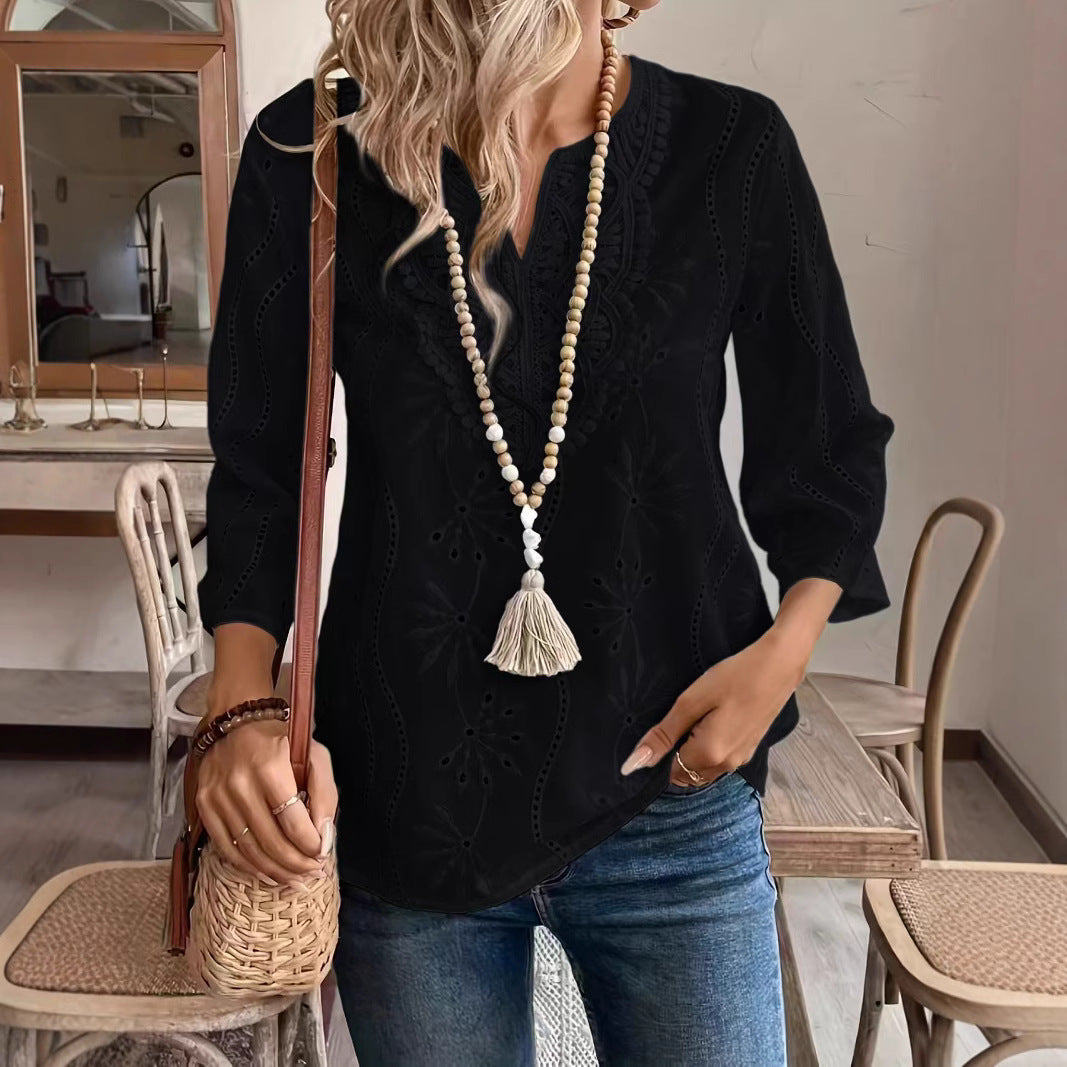 🎁 Reducere 50%! 🔥 Bluză nouă de damă, din șifon, cu croială lejeră, mâneci trei sferturi brodate, garnitură de dantelă. ✅️ Plată la livrare.