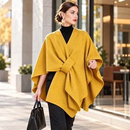 🧥 Șal tip Poncho Multifuncțional din Stofă pentru Toamnă-Iarnă! Design Elegant cu Prindere Suprapusă · Stil Versatil · Călduros și Confortabil!