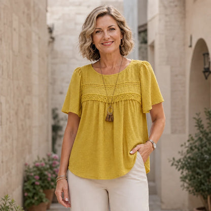 ✨Tricou din bumbac și in cu dantelă și inserții jacquard, stil franțuzesc.