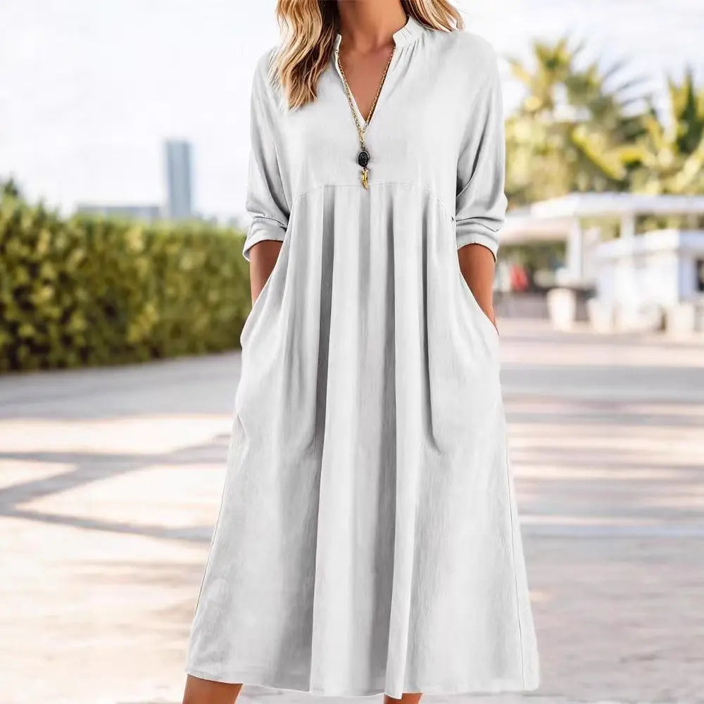 💃50% reducere🔥【40-100kg】Rochie retro nouă la modă, cu decolteu în V, confecționată din bumbac și in
