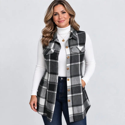 ✨【S-5XL】Vestă nouă de damă fără mâneci – în carouri, cu guler, lungime medie, mărimi mari.