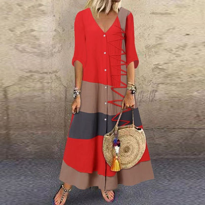 💃Reducere 50%🔥【40-120kg】Rochie maxi modernă de vară, cu decolteu în V și nasturi, perfectă pentru o vacanță la plajă.