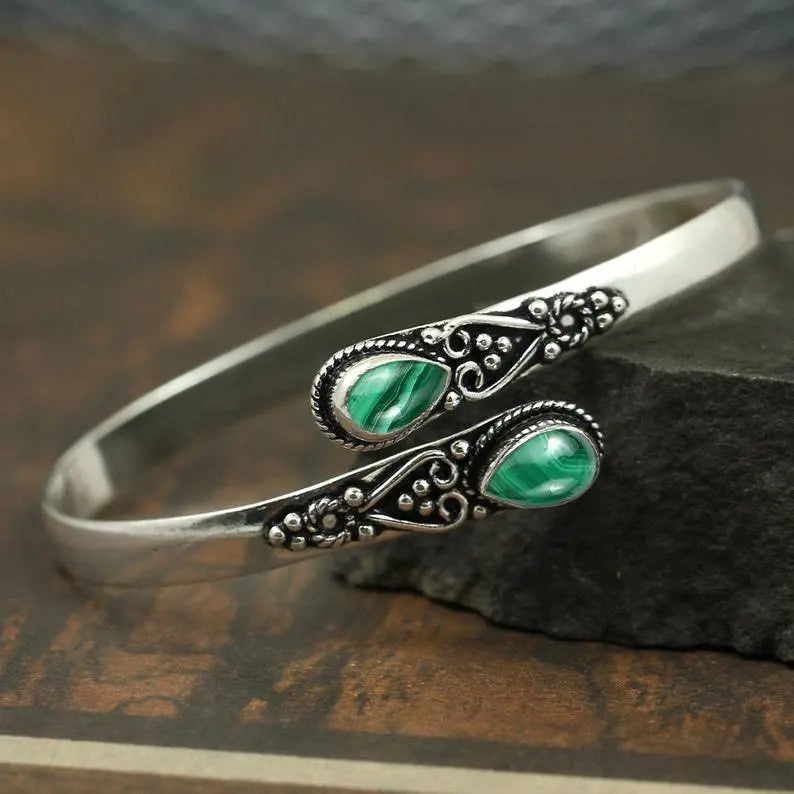 ✨ Brățară vintage din argint S925 cu agat verde
