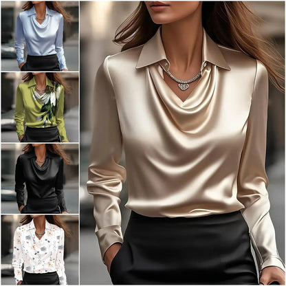 🔥✨Bluză elegantă de mătase pentru femei, cu guler înalt, mâneci lungi, respirabilă și confortabilă.