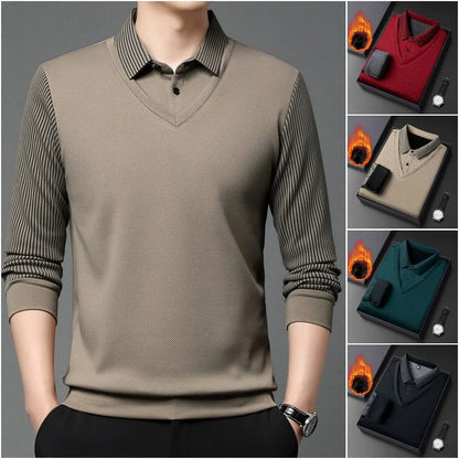【M-4XL】Tricou polo din două piese, cu un model în dungi de tip „faux-patchwork”