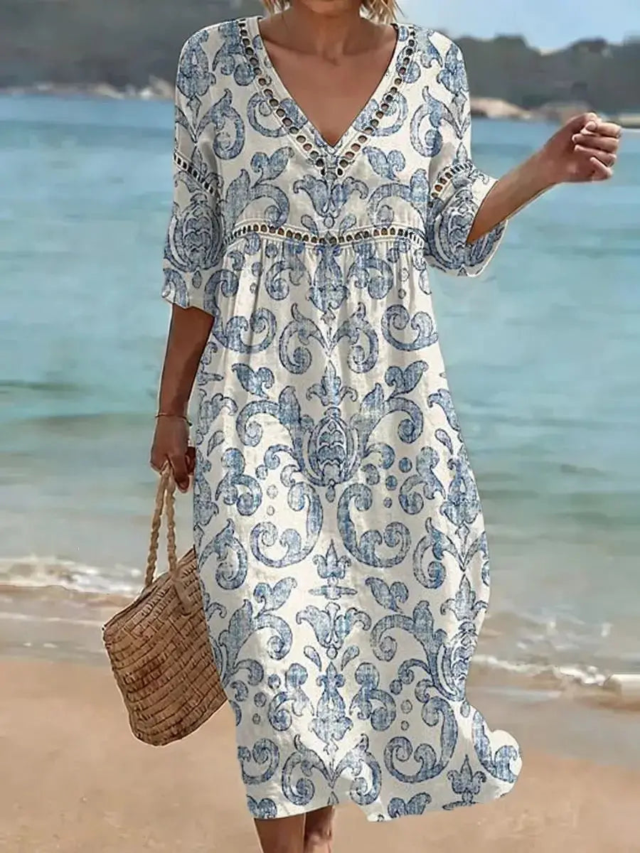 ✨Rochie lungă din bumbac și in cu imprimeu floral, stil estival, decolteu în V, talie definită.