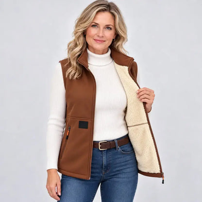 🎁【M-4XL】Vestă pentru femei cu căptușeală din fleece – Dispune de un guler înalt călduros și de un material gros, izolant; potrivită pentru a fi purtată toamna și iarna.