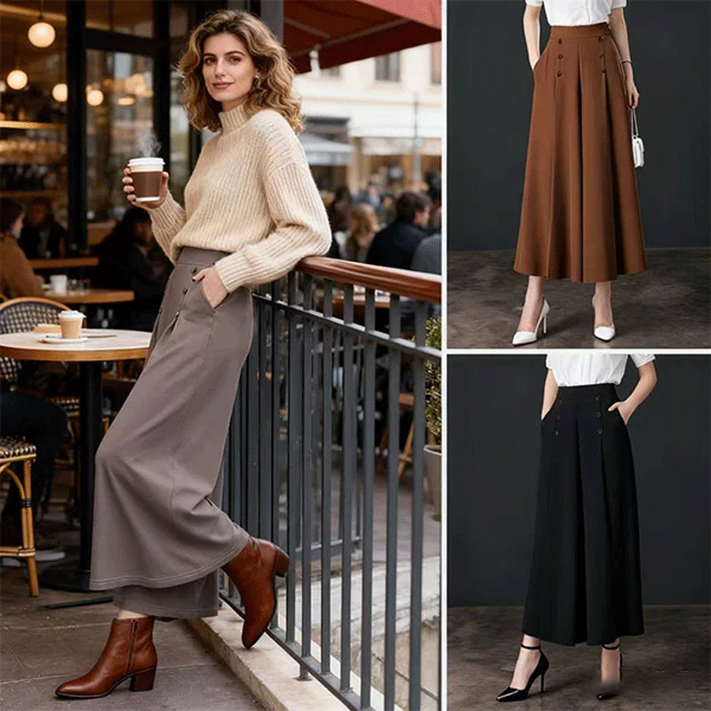 【50% DE DESCUENTO】Falda larga elegante de moda para mujer de otoño e invierno, con caída fluida, cintura alta y falda amplia