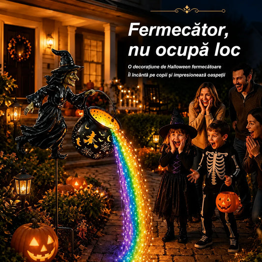 🧙‍♀️🎃 Lampă de grădină în formă de ceaun de vrăjitoare, cu lumină LED – Decorațiune exterioară spectaculoasă 🔮✨
