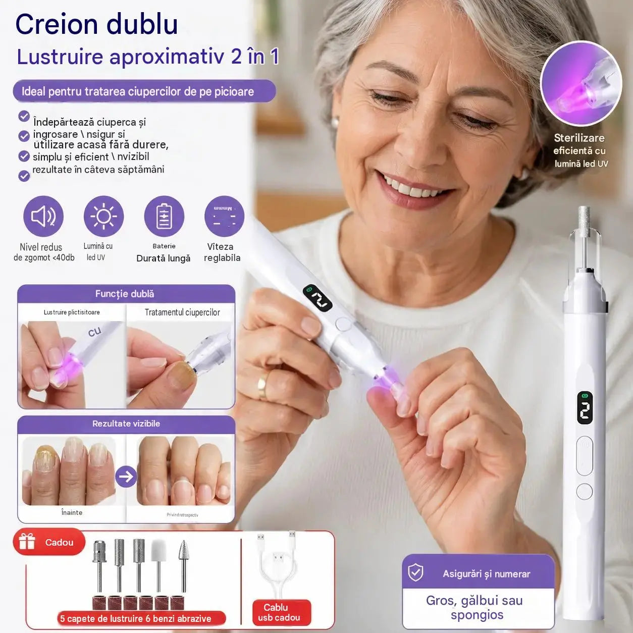 💅 Pila electrică de unghii 2 în 1 cu lampă LED (lampă de uscare + 5 capete de șlefuire)