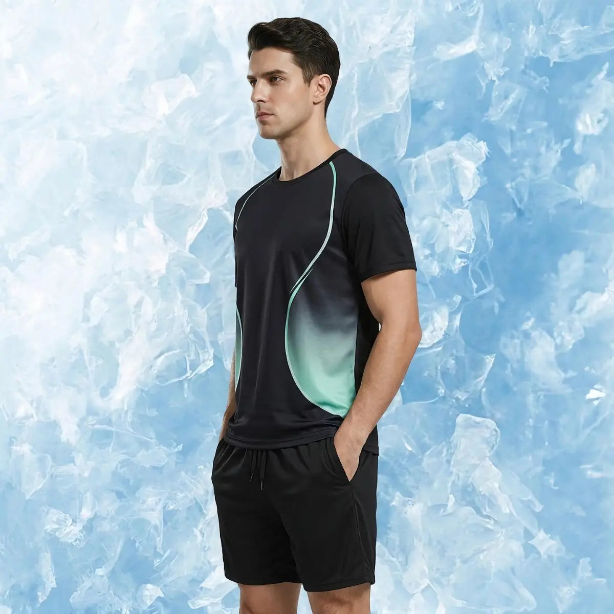 🆒✨ Set sport de vară pentru bărbați, confecționat din țesătură de mătase glacială de înaltă calitate, potrivit pentru alergare, țesătură de plasă cu uscare rapidă.