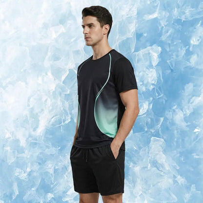 🆒✨ Set sport de vară pentru bărbați, confecționat din țesătură de mătase glacială de înaltă calitate, potrivit pentru alergare, țesătură de plasă cu uscare rapidă.