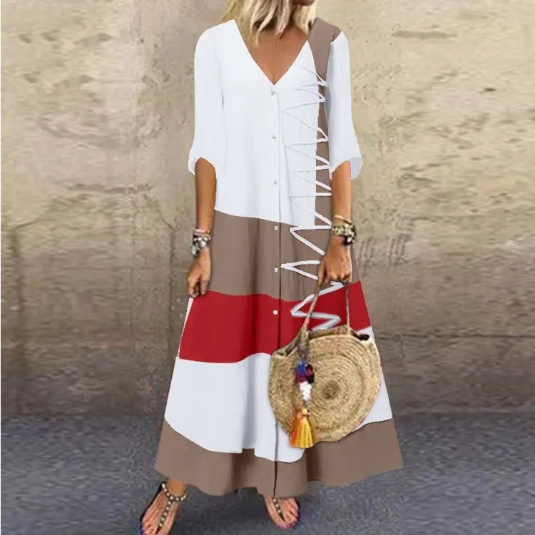 💃Reducere 50%🔥【40-120kg】Rochie maxi modernă de vară, cu decolteu în V și nasturi, perfectă pentru o vacanță la plajă.