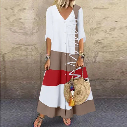 💃Reducere 50%🔥【40-120kg】Rochie maxi modernă de vară, cu decolteu în V și nasturi, perfectă pentru o vacanță la plajă.