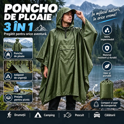 🏕️ Poncho de ploaie multifuncțional 3 în 1 | Pelerină impermeabilă + Cort de camping + Saltea de sol | Pentru drumeții și camping 🌧️