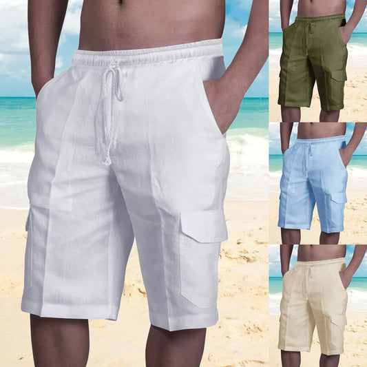 🎁50% reducere🔥 Pantaloni cargo din in pentru bărbați, cu șnur reglabil și buzunare multiple