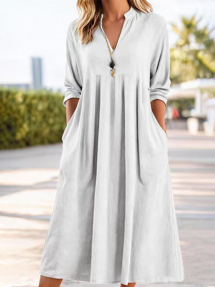💃50% reducere🔥【40-100kg】Rochie retro nouă la modă, cu decolteu în V, confecționată din bumbac și in