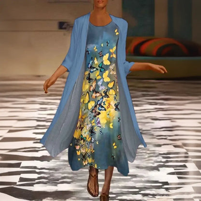 🌻 Reducere -50%🔥【40-120 kg】Rochie nouă pentru femei cu imprimeu floral, rochie din două piese și decolteu rotund