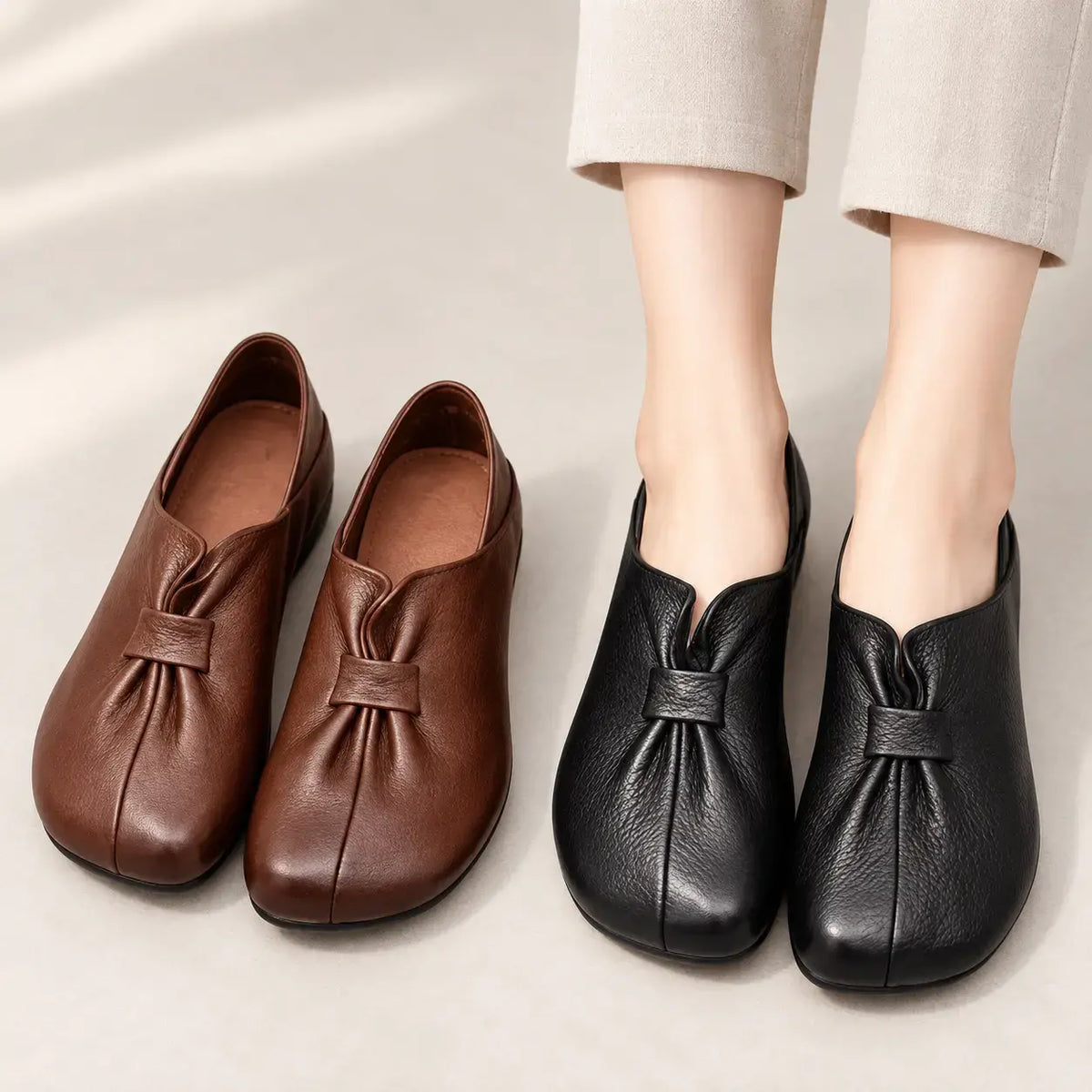 👡【35-42】Pantofi cu talpă moale și fundiță, din piele de vițel de calitate superioară, simpli și eleganți.