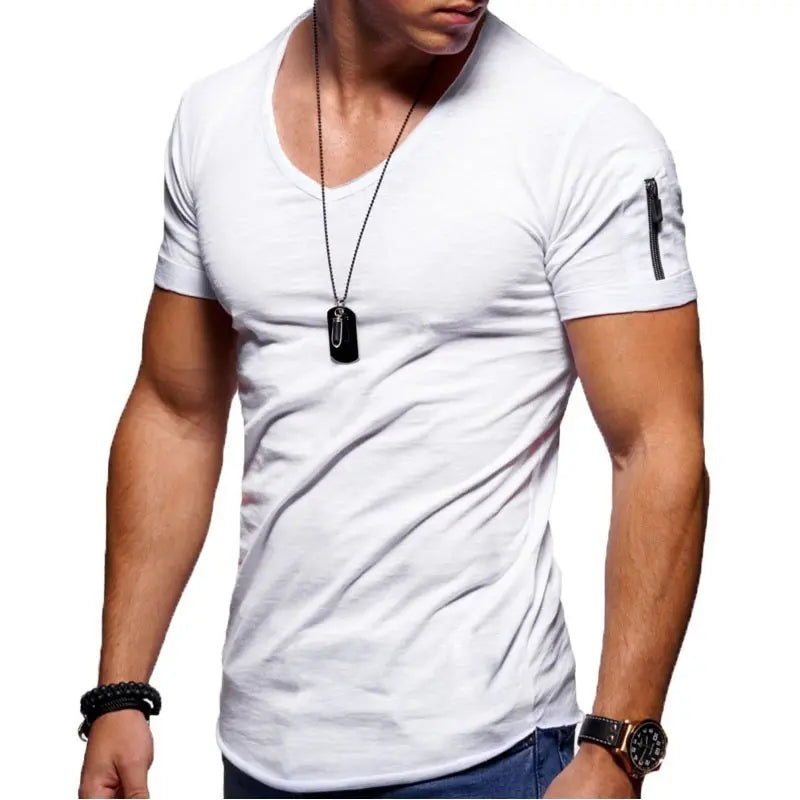 💪👔Tricou bărbătesc cu mânecă scurtă, în culoare uni, mulat și decolteu în V